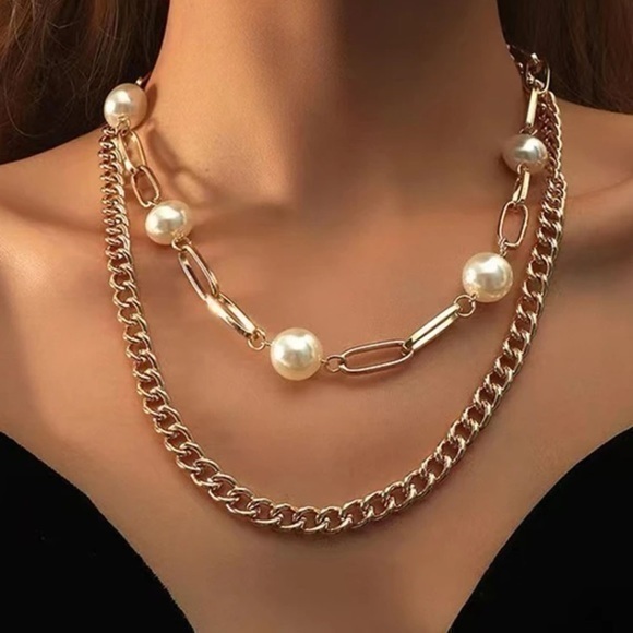 Geometric Exaggerated Double Layer Faux Pearl Necklace - Picture 1 of 3
